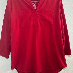 Van Heusen Red Split-Neck Blouse | Workwear Staple | Size Small/Petite